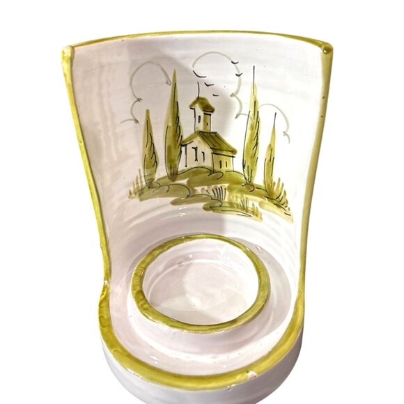 Hand-Painted Ceramic Candle Holder Scenic Church Trees Design White Olive Accent - Picture 2 of 7